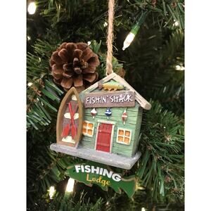 Fishing Shack Lodge Ornament Christmas Tree Outdoorsman Hunter Boat Fish
